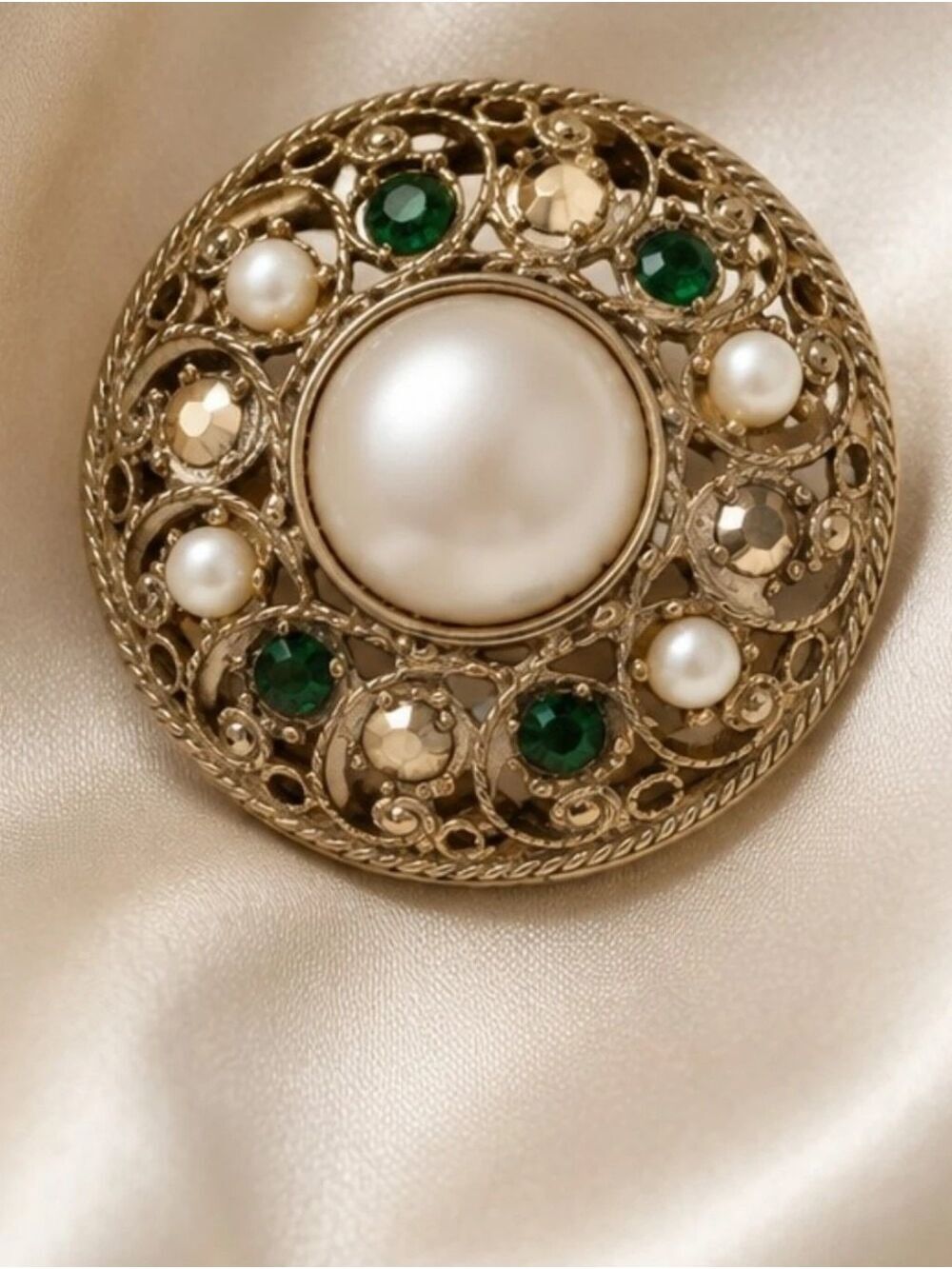Victorian Revival Filigree Pearl Emerald Glass Brooch
